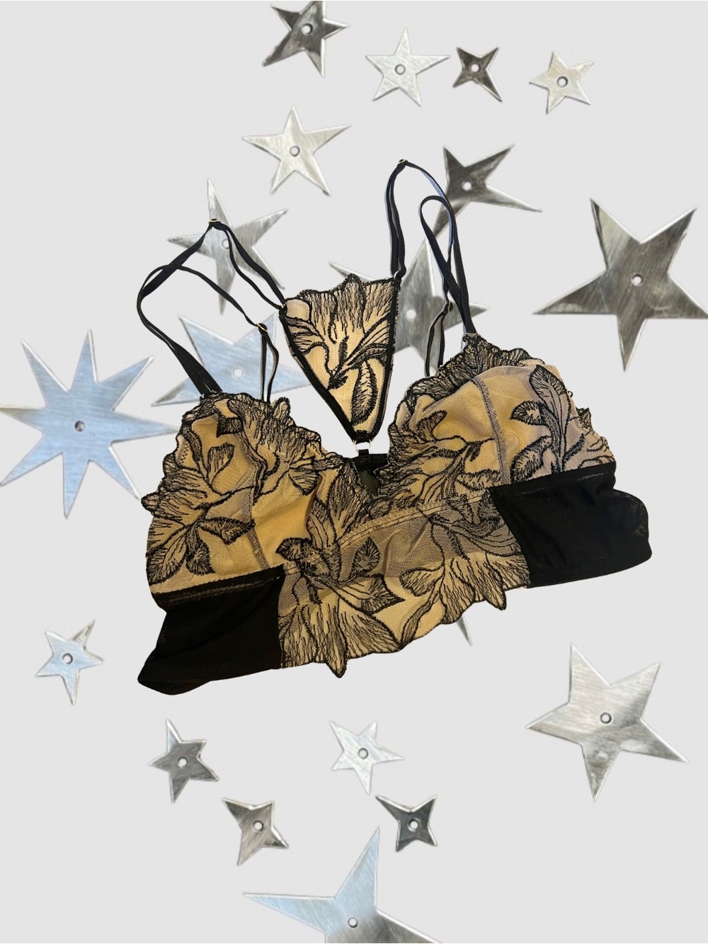 Floral Lace Bralette - Black and Beige